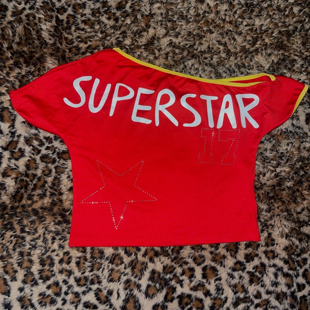 Off-shoulder Red Superstar Graphic Top